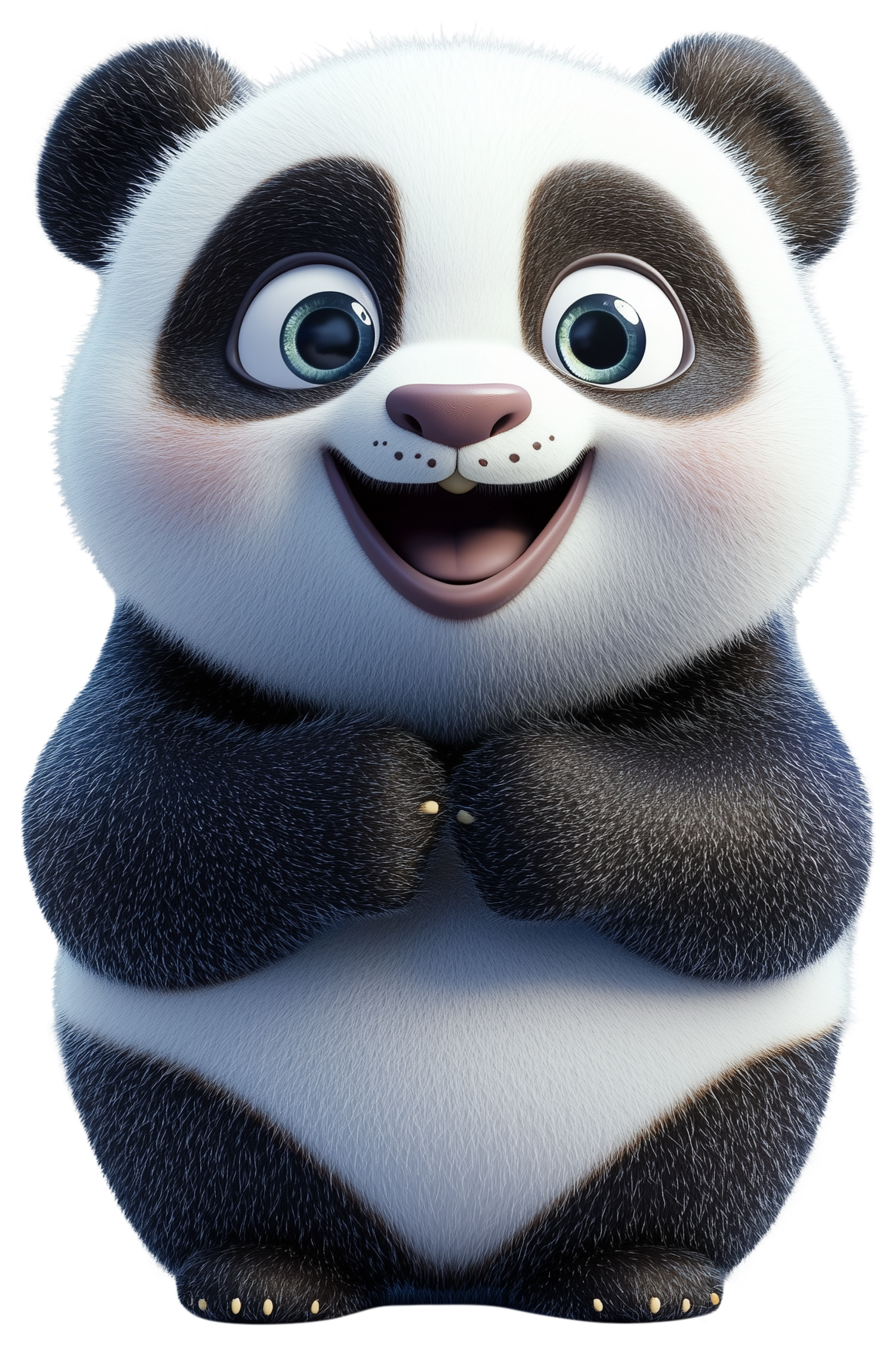Smiling cartoon panda emoji sticker with wide eyes and clasped paws.