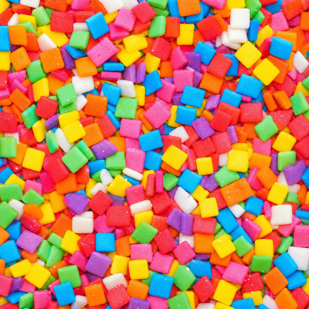 Colorful square sprinkles scattered across a bright party background