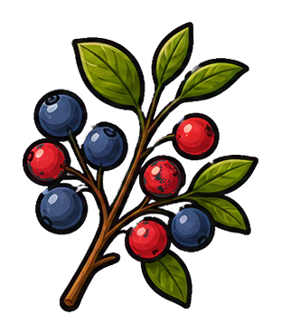 A berry branch with green leaves and red and blue berries on a dark background.