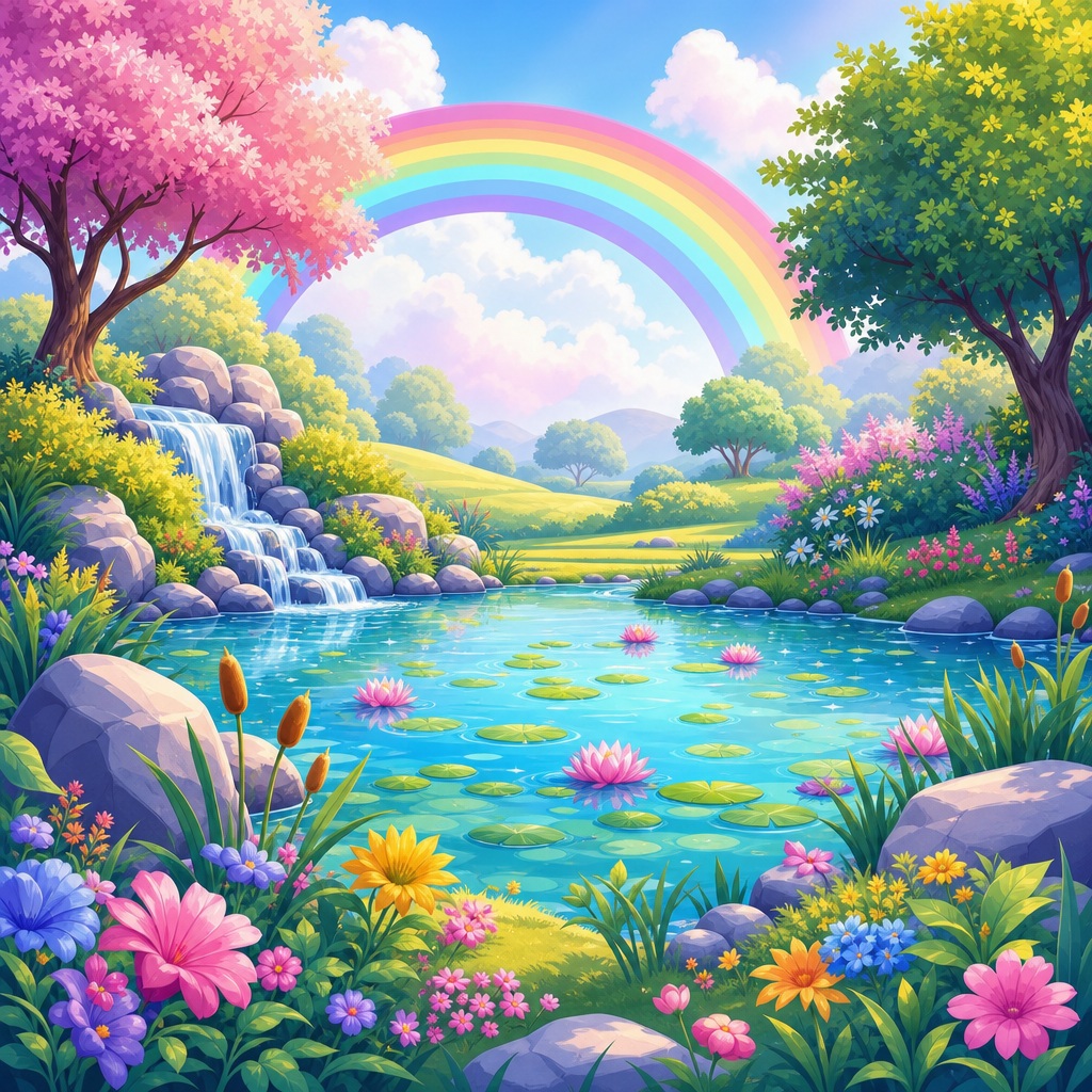 Preview for Pastel Rainbow Pond Cartoon Background