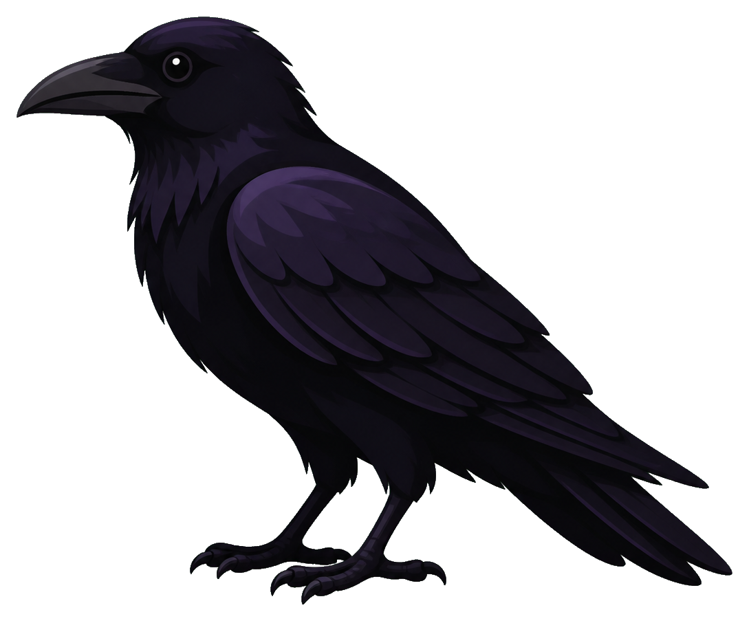 Black raven perched in profile on a dark background.