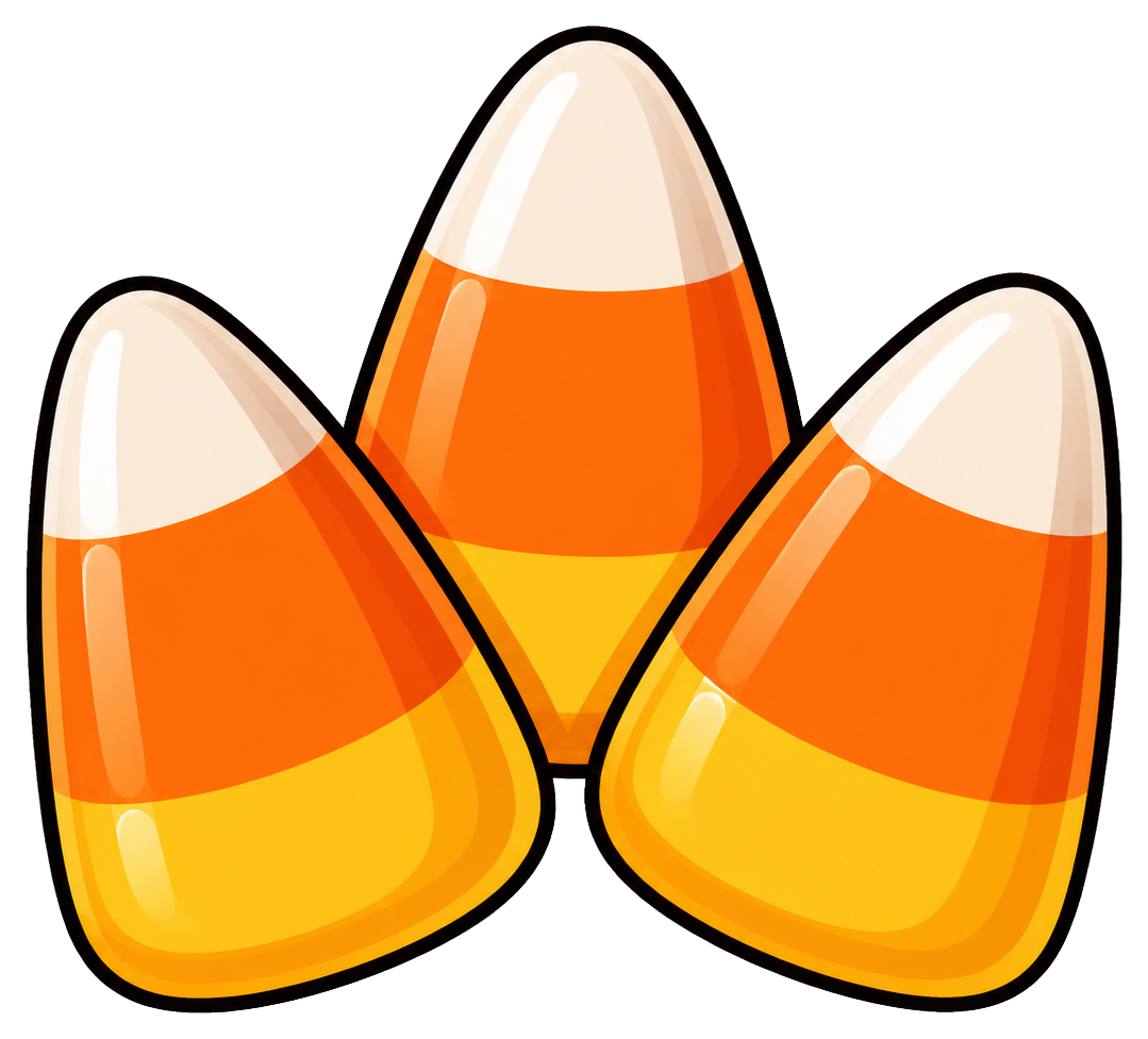 Three candy corn pieces stacked in a Halloween sticker graphic.