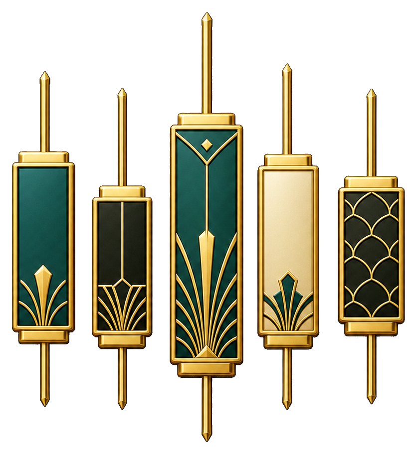 Gold and teal candlestick chart bars arranged in a clustered sticker graphic