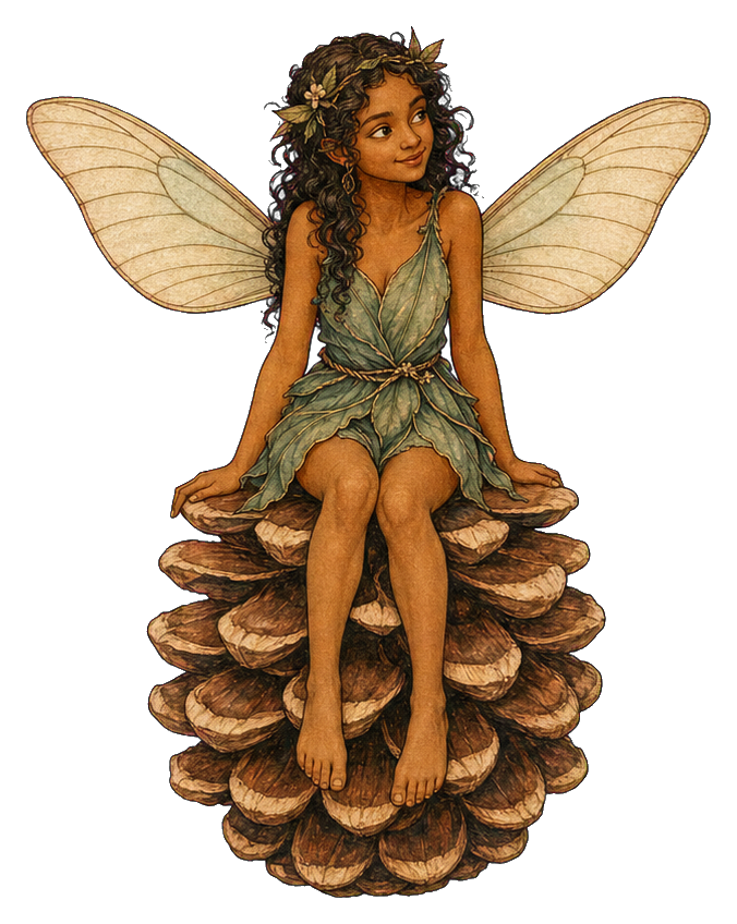 A fairy with delicate wings sitting on a pinecone-scale seat