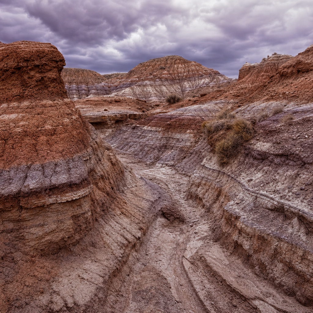 Eroded badlands canyon floor beneath a cloudy violet storm sky