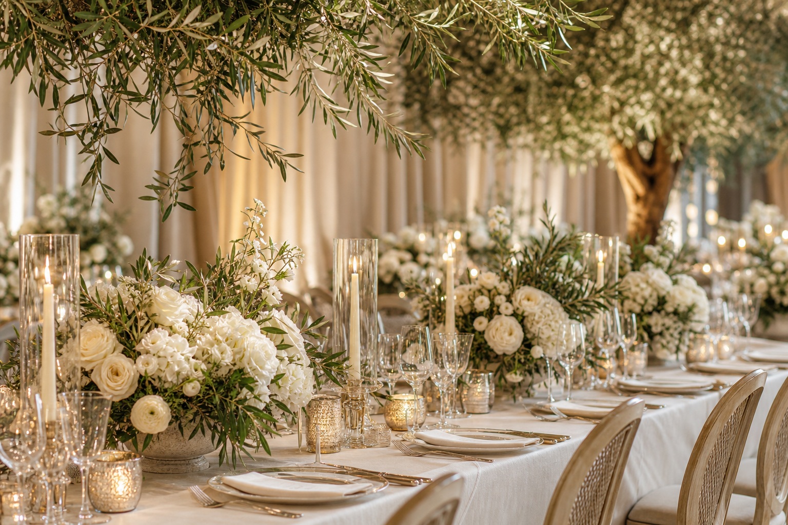 Elegant wedding table setting with floral arrangements and olive branch decor
