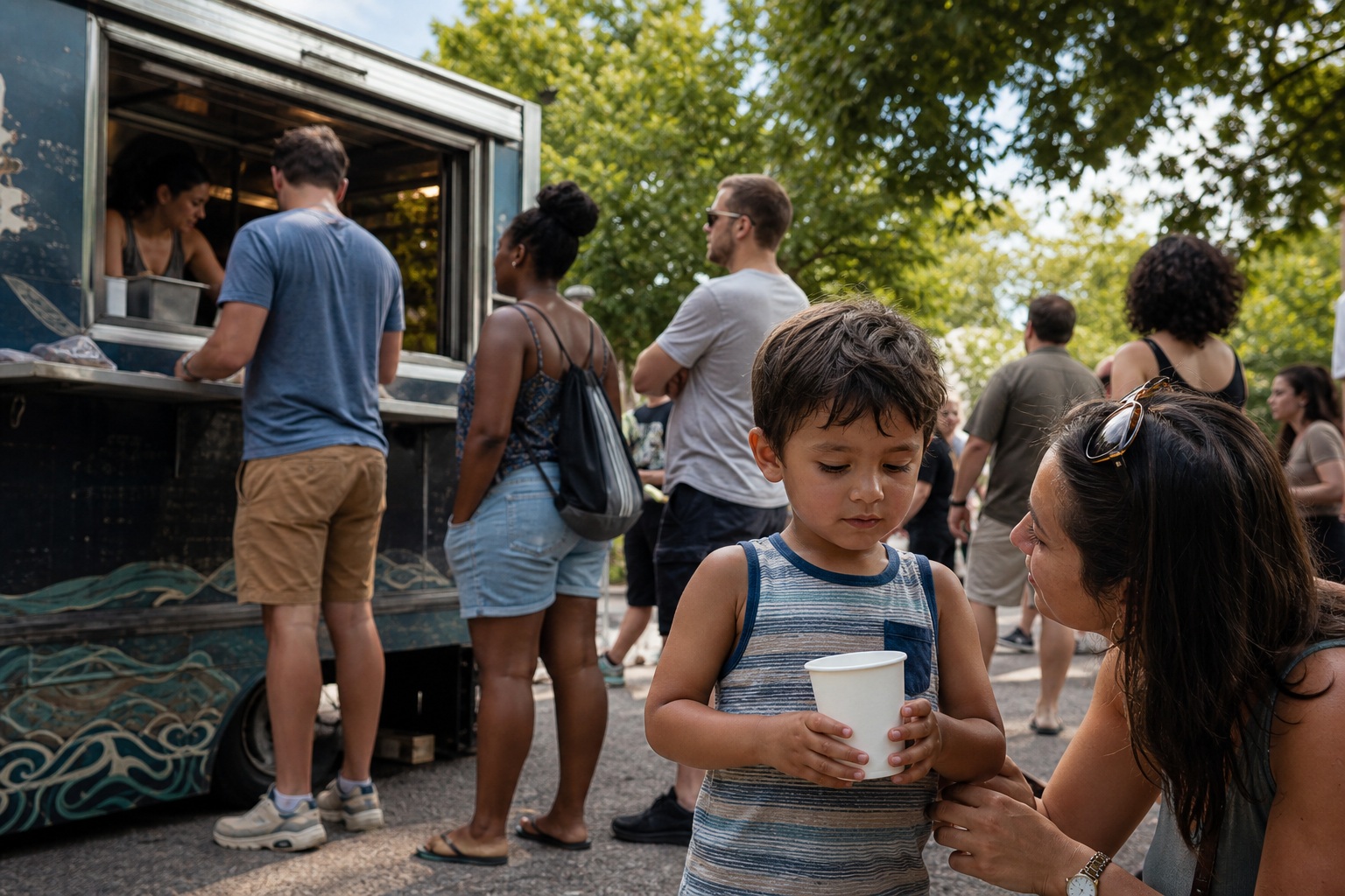 People waiting near a food truck, with a child holding a cup in the foreground.