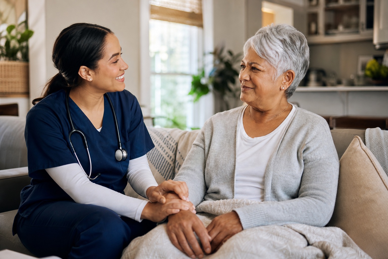 Caregiver in scrubs holding hands with an elderly woman on a living room couch.