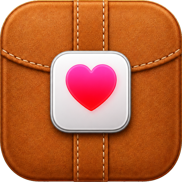 Caramel leather square icon with stitched edges and a pink heart in the center.