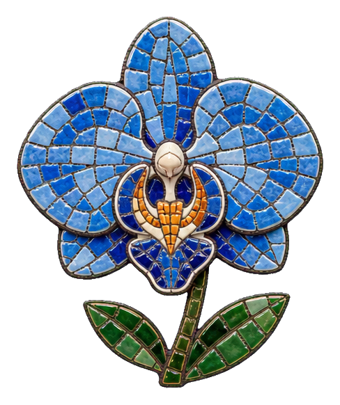 Blue mosaic orchid with green leaves and a ceramic tile look