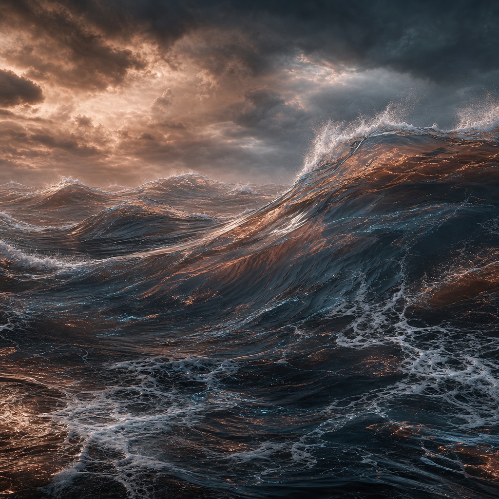 Dark ocean waves surge under a copper-lit storm sky near the horizon.