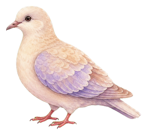 Watercolor dove with pale beige body and lavender wing feathers standing in profile.
