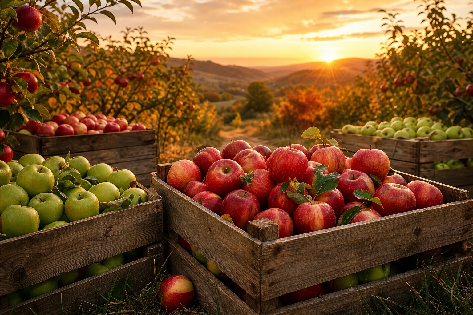 Wooden crates filled with red and green apples in a sunlit autumn orchard