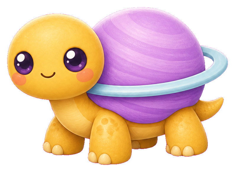 Cute golden turtle alien with a purple ringed planet shell and smiling face