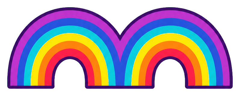Two joined rainbow arches in bright rainbow colors on a transparent background.