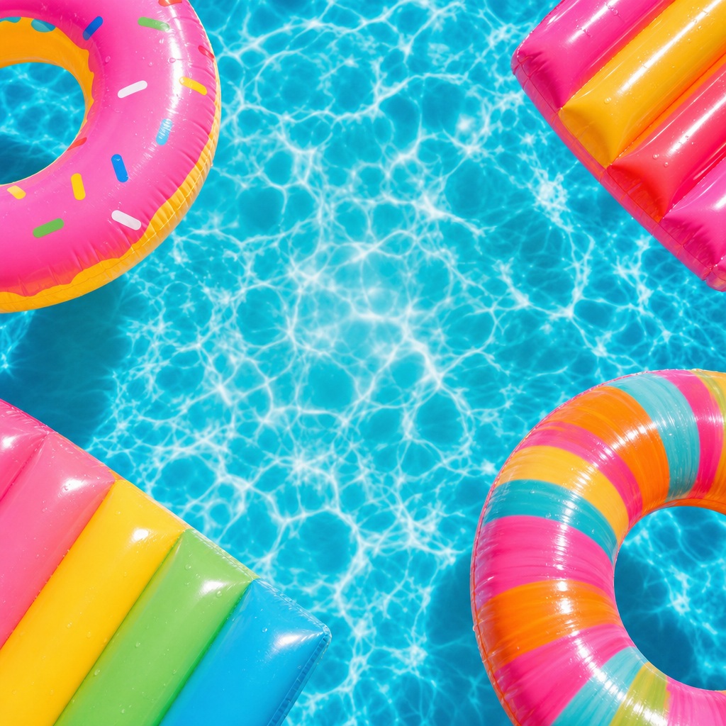 Colorful inflatable pool floats on bright blue water