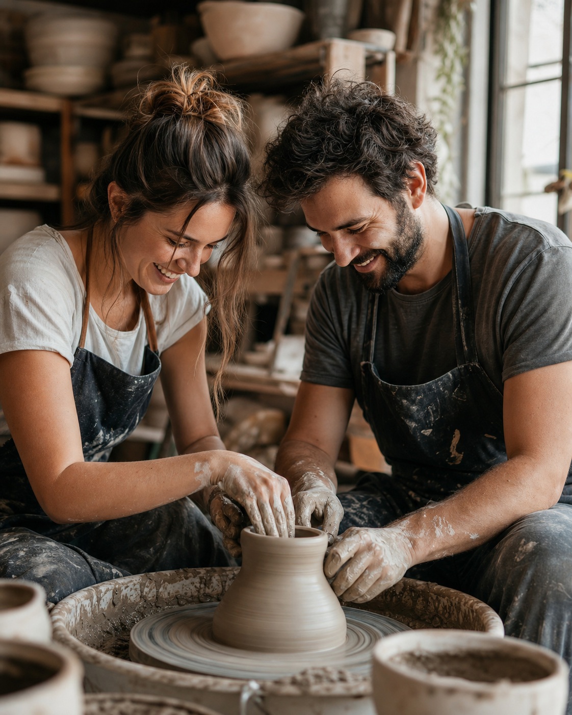A couple shaping pottery together at a wheel in a cozy studio