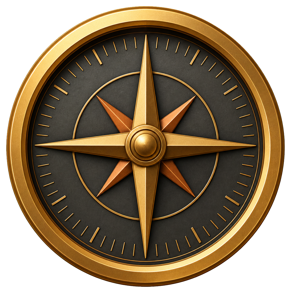 Gold compass sticker with a dark circular face and pointed star design