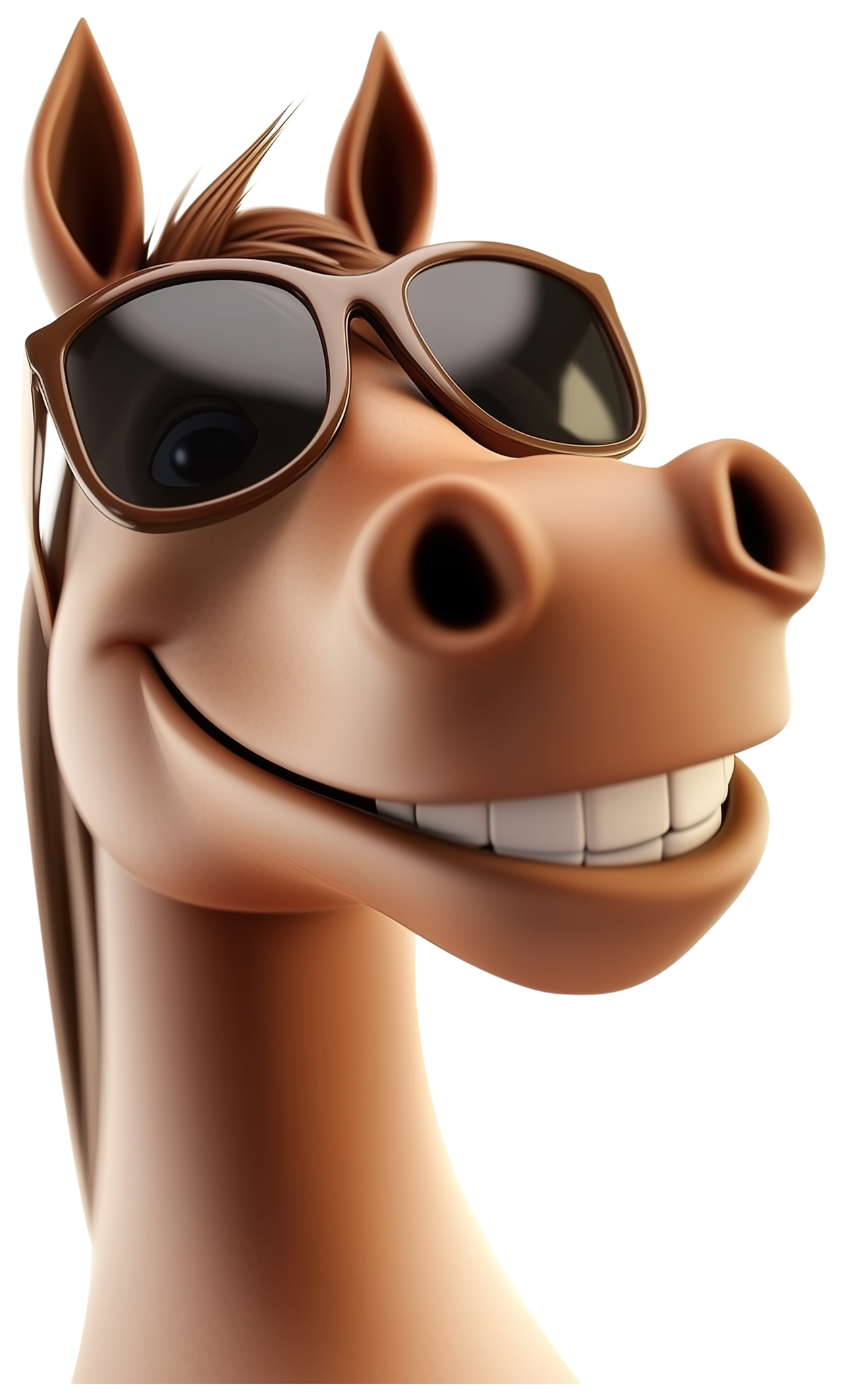 3D cartoon horse head wearing sunglasses with a smiling expression
