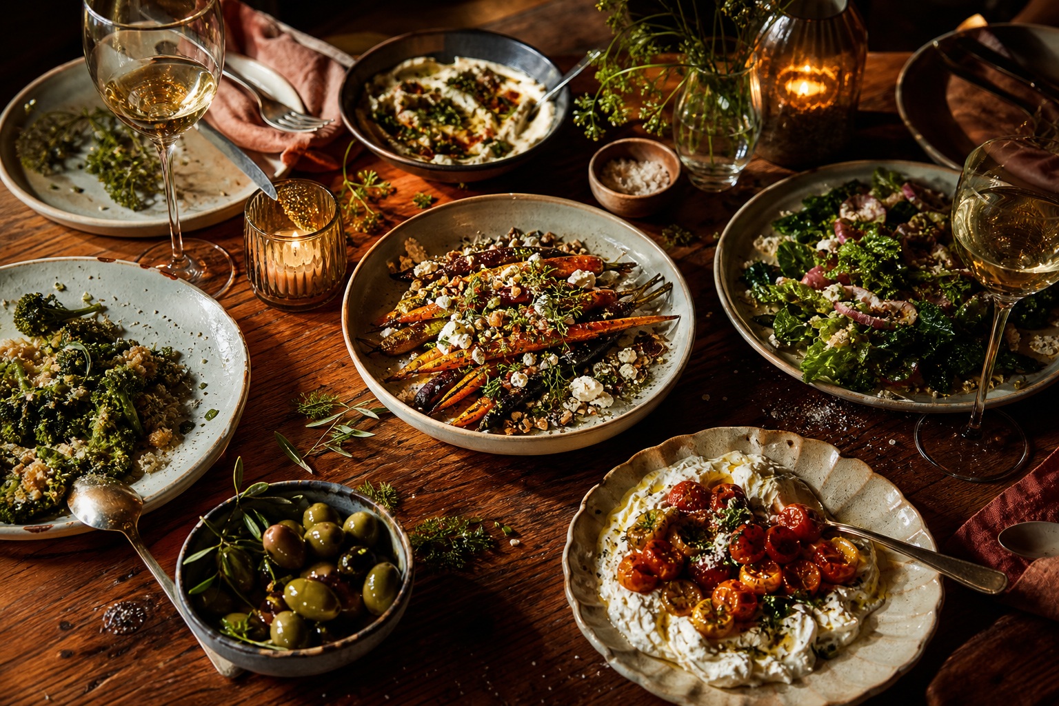 Overhead restaurant table with shared plates, ceramic dishes, and warm evening lighting