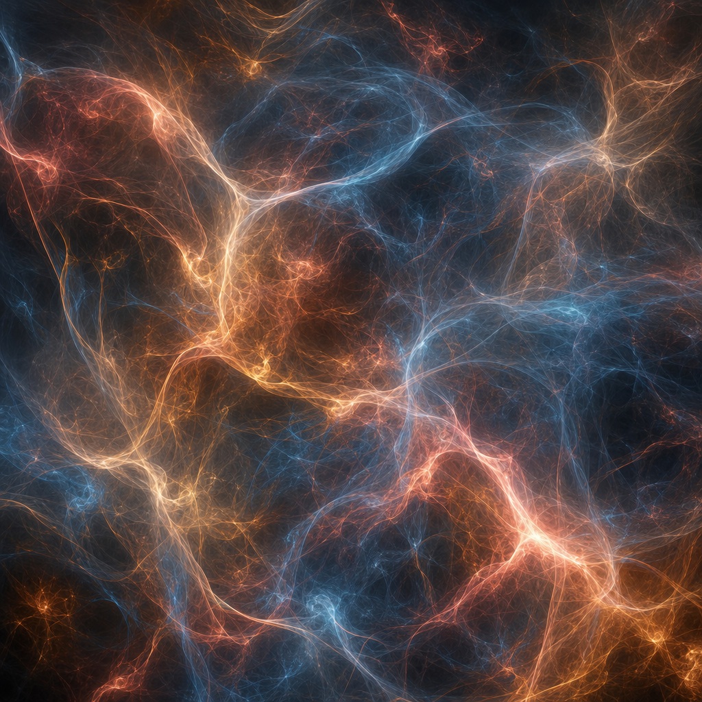 Copper and blue glowing energy filaments crisscross on a dark abstract background.