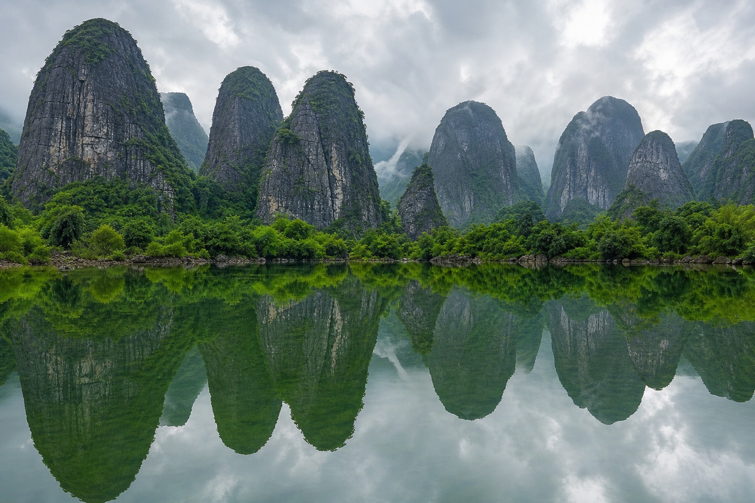 Limestone mountains reflected in a still lagoon under cloudy skies.
