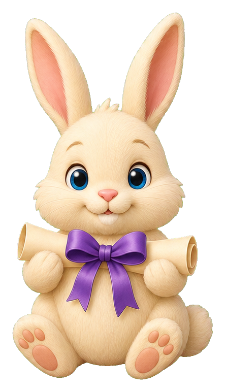 Cute bunny holding a purple bow and diploma with soft beige fur and blue eyes.