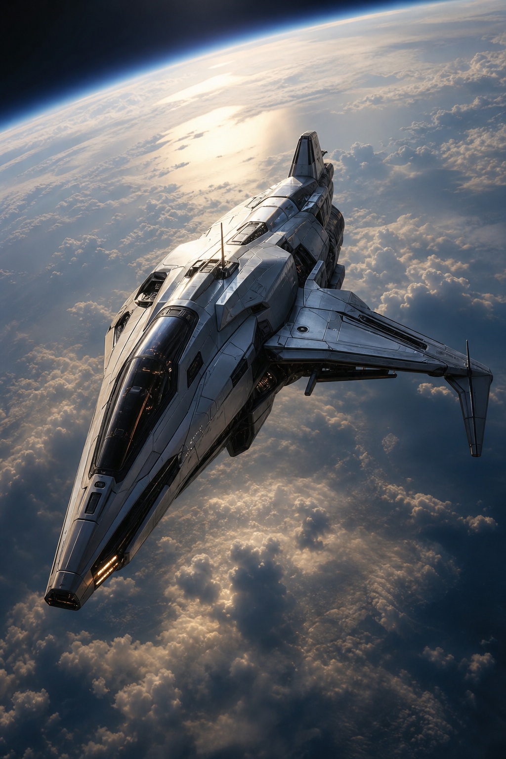 A sleek futuristic spacecraft flying above a cloud-covered planet in space.