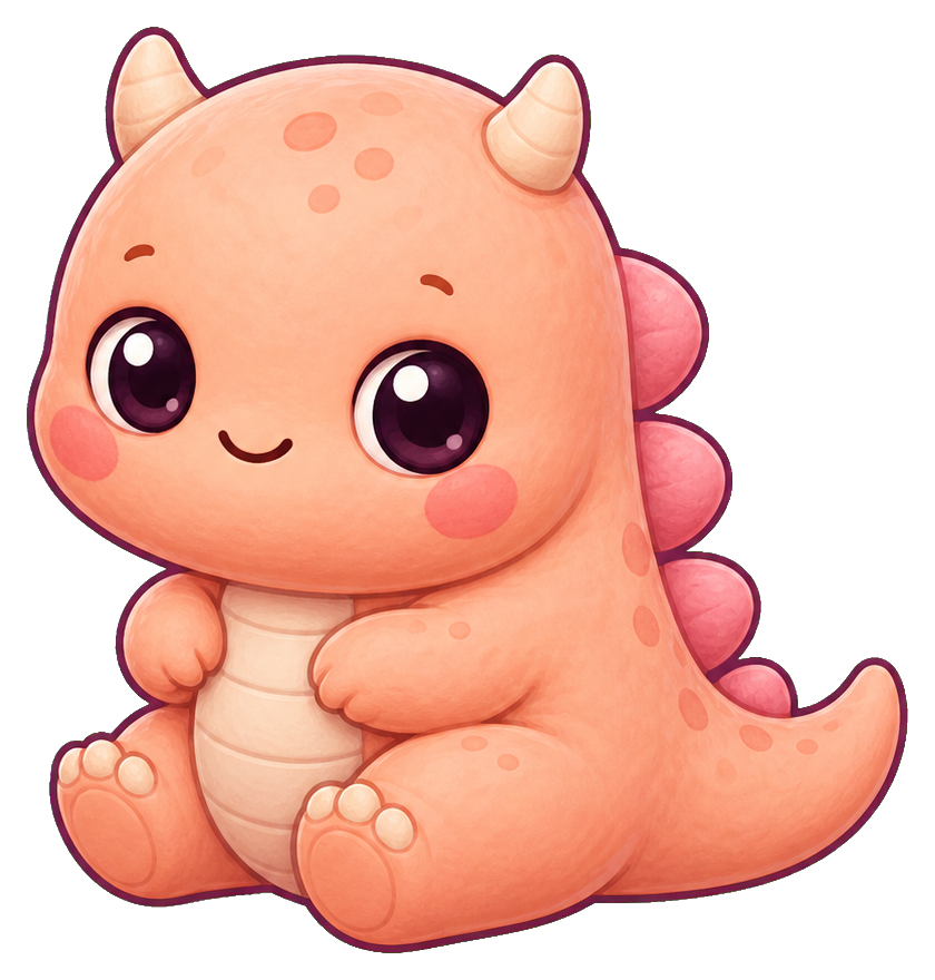 A smiling pastel baby kaiju with tiny horns, blush cheeks, and pink back spikes sitting cutely.