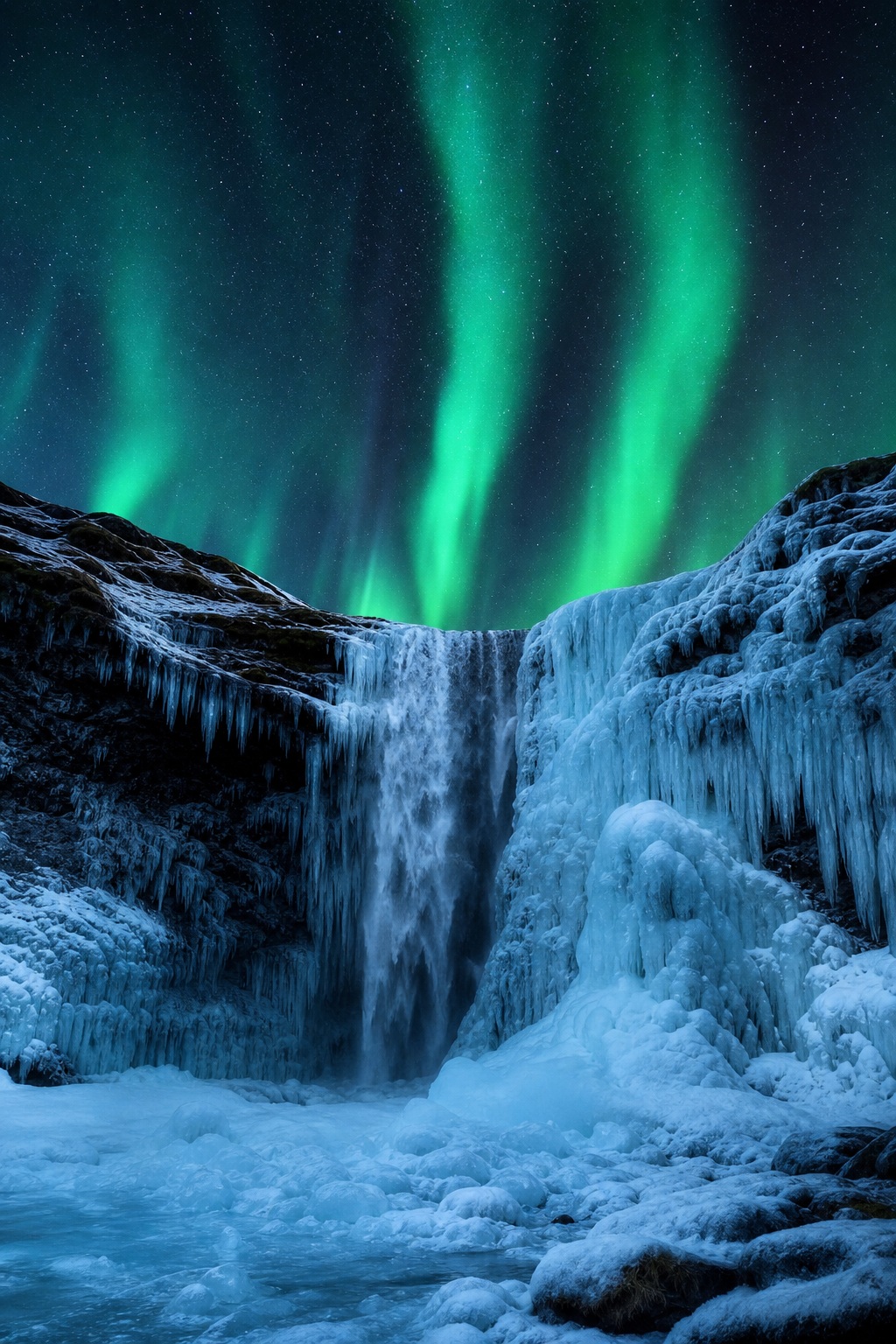 Preview for Vertical Aurora Over Frozen Waterfall Background