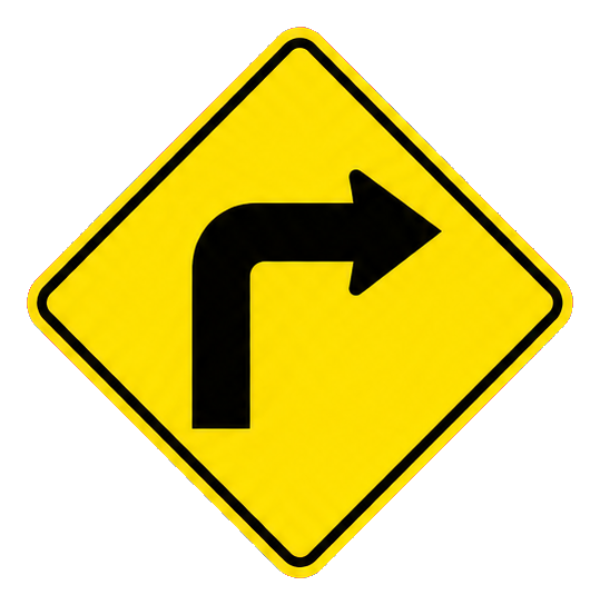 Yellow diamond road sign with a black right-curving arrow.