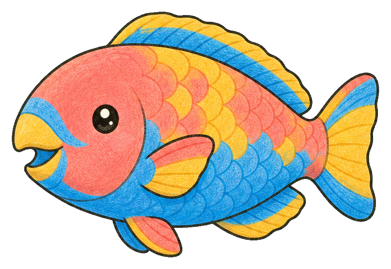 Colorful cartoon parrotfish with blue, orange, yellow, and pink scales