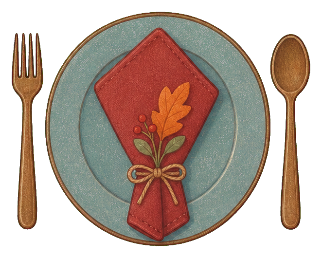 Dusty blue plate with a red napkin, gold utensils, and a leaf tied with twine