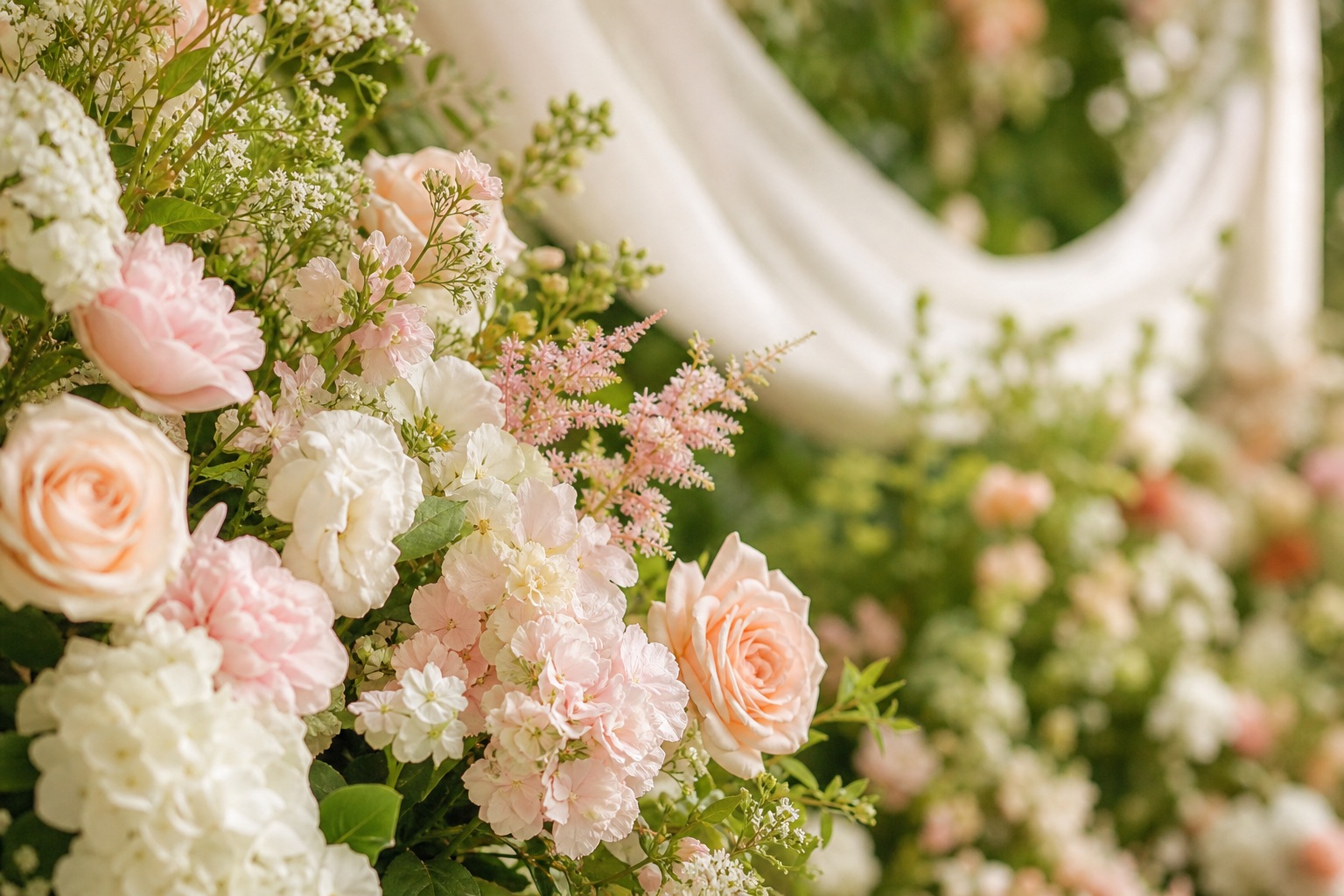 Soft blush and cream wedding flowers with a blurred garden-style background