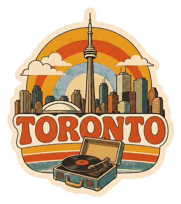 Retro Toronto word art with skyline and a record player illustration