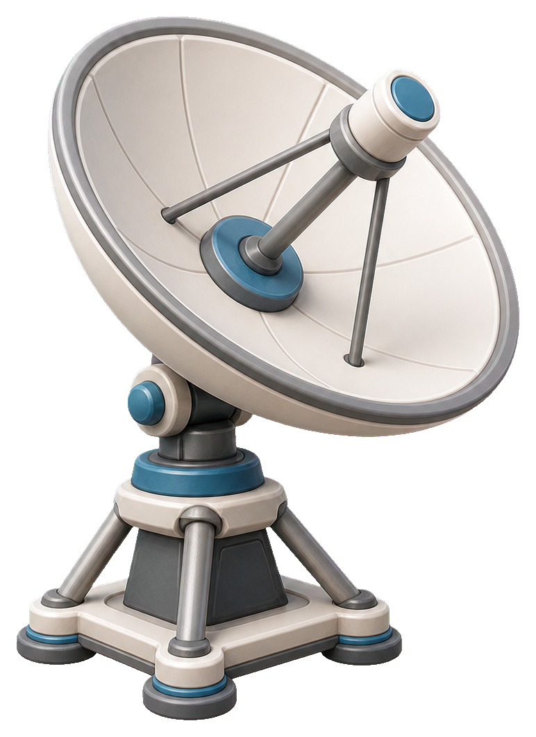 Illustrated satellite dish antenna angled upward on a stand