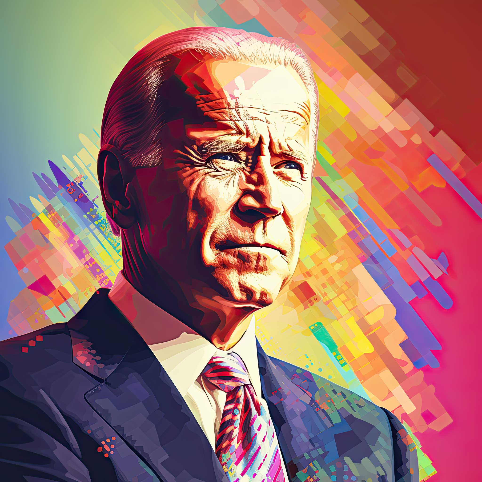 Stylized portrait of Joe Biden in a colorful geometric background.