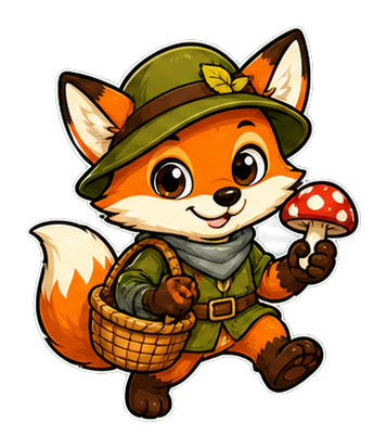 Cartoon fox in a hat and outfit holding a mushroom and carrying a basket