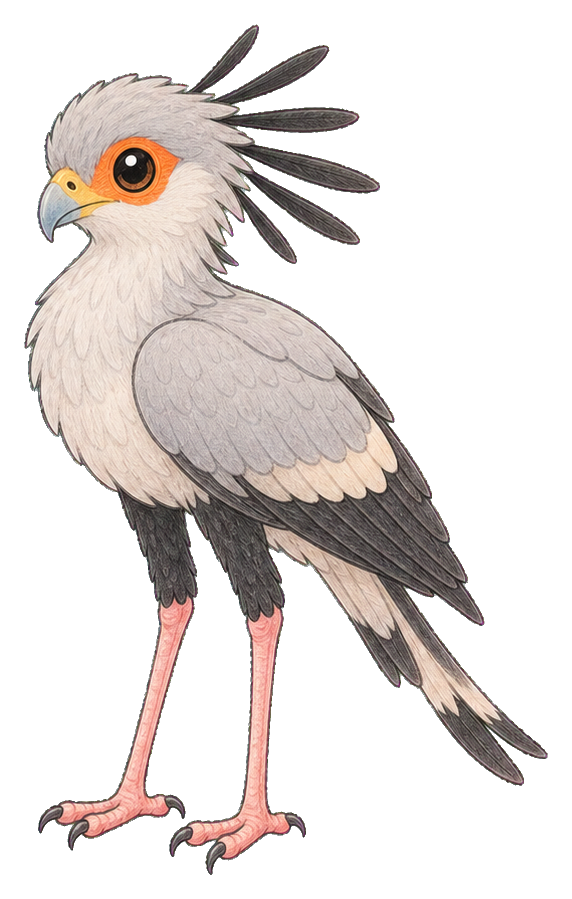 Cute secretarybird with feather crest, long legs, and pale gray wings