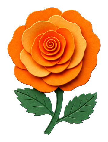 Layered orange paper rose sticker with green leaves and stem