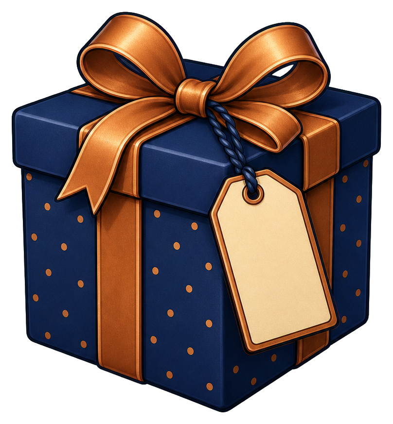 Blue gift box with orange ribbon, polka dots, and a blank hanging gift tag.