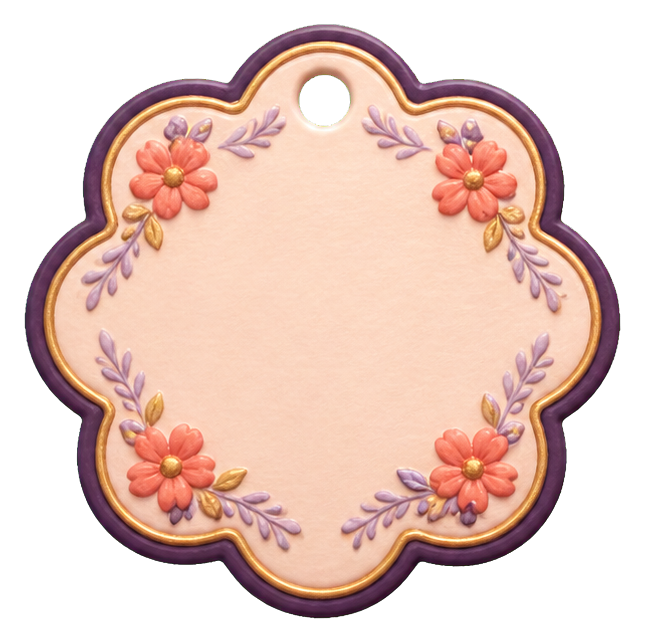 Scalloped flower gift tag sticker with small pink-orange blossoms and leafy accents