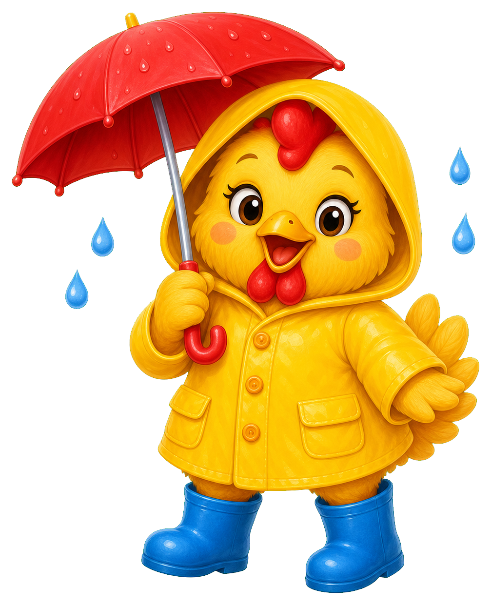Cute yellow chicken wearing a raincoat and blue boots under a red umbrella.