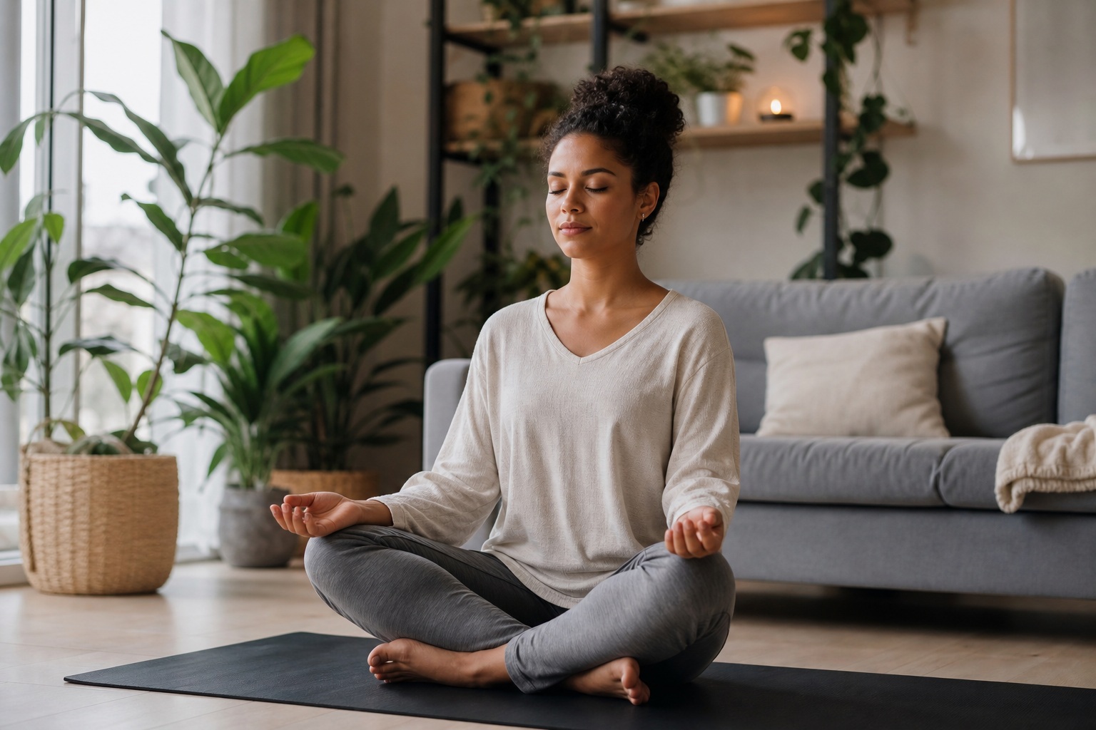 Woman sitting cross-legged on a yoga mat in a calm living room