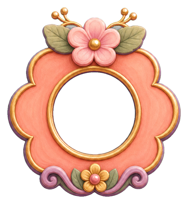 Pink flower photo frame sticker with leaves, petals, and a circular center opening