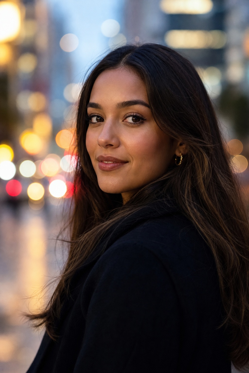 Portrait of a woman at dusk with blurred city lights in the background
