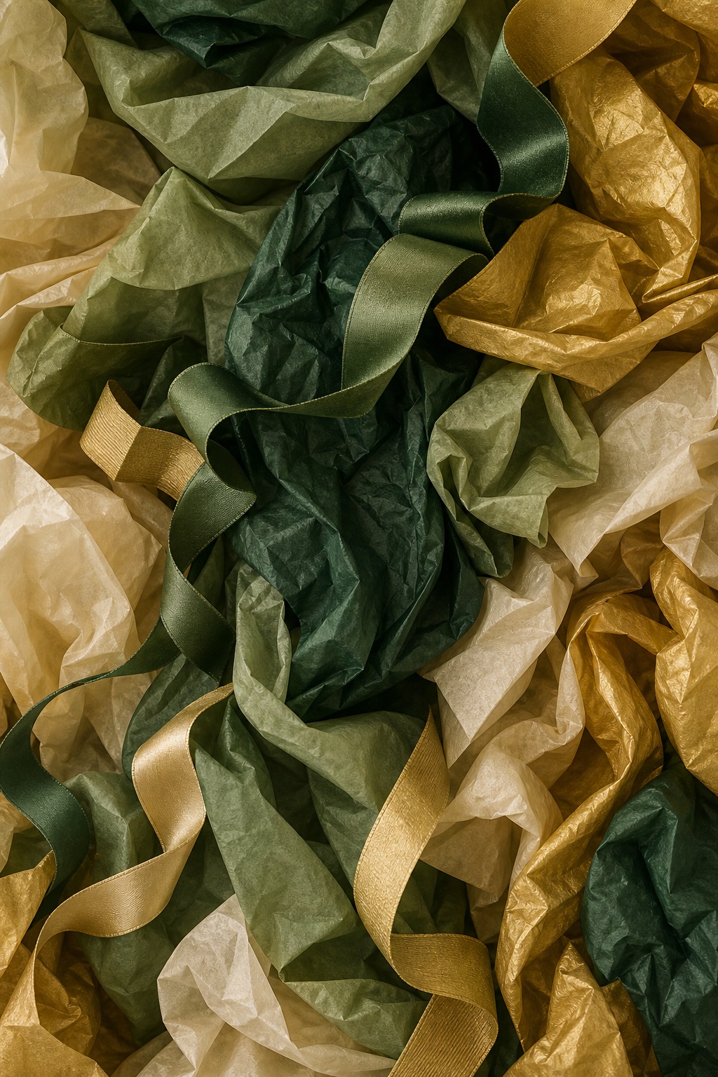 Layered forest green and gold tissue paper folds with a crumpled texture.