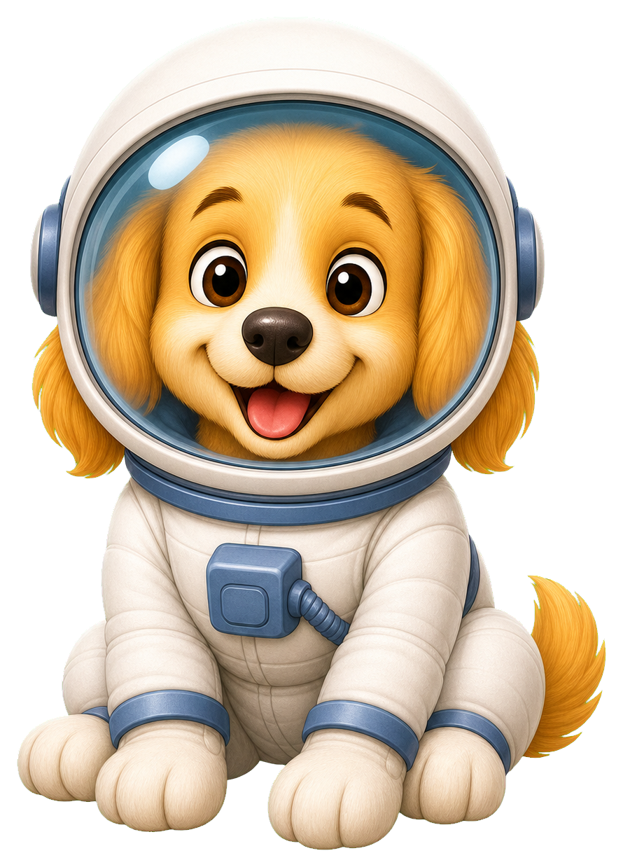 Cute cartoon puppy in a white astronaut suit and helmet sitting and smiling
