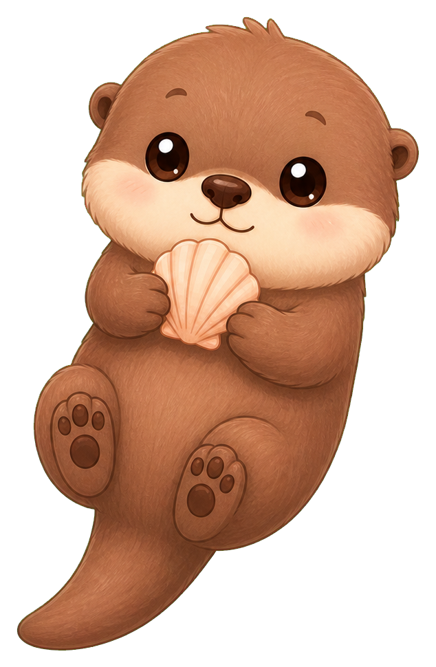 Cute brown otter holding a seashell while sitting with one paw raised.