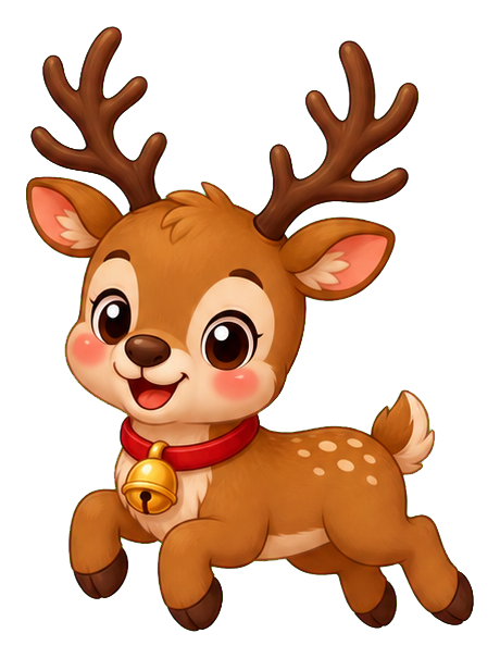 Cute cartoon reindeer with antlers, rosy cheeks, and a red collar bell.